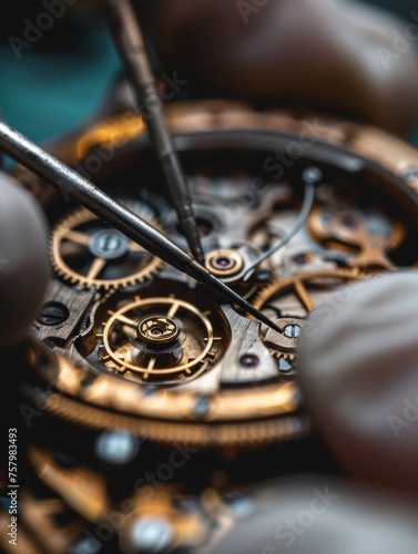 Close-up of a skilled watchmaker repairing the intricate parts of a luxury mechanical watch.