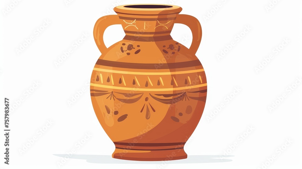 Vase, antique pottery. Ancient Greek vessel, earthenware. Vintage clay pot. Historical Roman crockery, stoneware. Indian-inspired cartoon graphic modern illustration isolated on white.