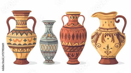 Antique Greek pot with handles. Vintage clay jug, vessel, urn. Crockery, earthenware. Flat cartoon graphic modern illustration isolated on white.