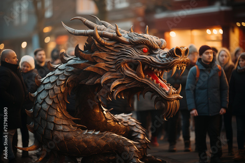 Chinese New Year, Chinese dragon model in the square for Chinese New Year celebrations. Concept of yang, the fruitful and creative spirit © GiuseppeLaBua