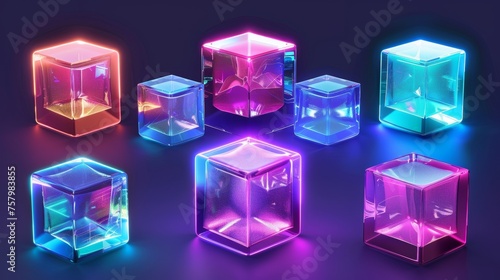 An illustration of plastic or glass cubes illuminating with neon light, a clear square box, a crystal block, an aquarium or exhibition podium, isolated shiny geometric objects, and realistic 3D