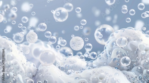 This modern realistic illustration shows white soap foam, froth of detergent, cleaning gel, or shampoo separated on transparent background. Fragments of white soap foam, froth from beer or fizzy