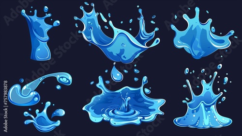 Splashes and drops of liquid water, falling water drops, sea or ocean waves and swirls. Motion effects of liquid water, flows, streams, spills and crown shapes isolated on a white background.