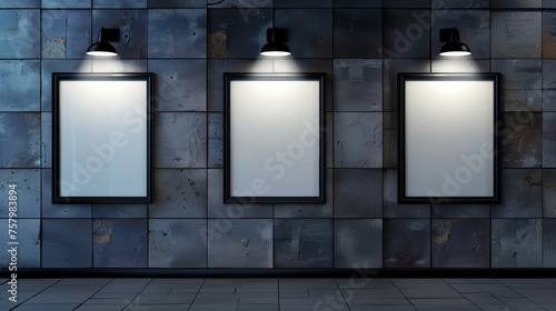 Modern realistic mockup of empty movie posters illuminated with spotlights on a grey tiled wall in cinema, theater hallway or gallery. Blank advertising banners with lamps.