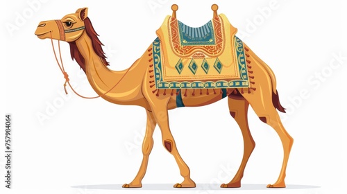 Arabic camel, domestic bedoin animal decorated with textile saddle. Flat modern illustration of an arabic mammal profile on white with traditional fabric decor on hump. photo