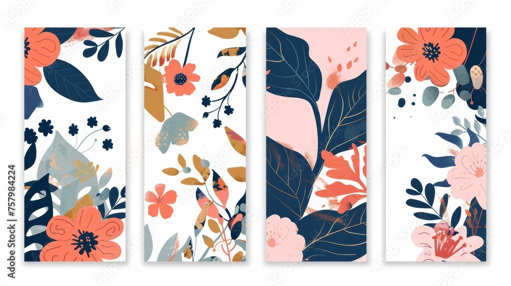 A set of botanical bookmarks. Abstract flowers, leaves, modern spring and summer flora, blossomed blooms, vertical decorative cards. Illustrator flat file.