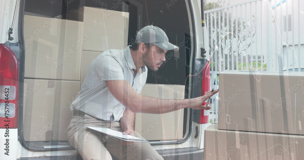 Statistical data processing against caucasian delivery man writing on clipboard and smiling Statistical data processing against caucasian delivery man writing on clipboard and smiling