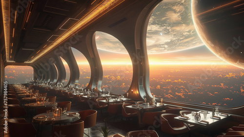 In a futuristic restaurant travelers indulge in space tourism. photo