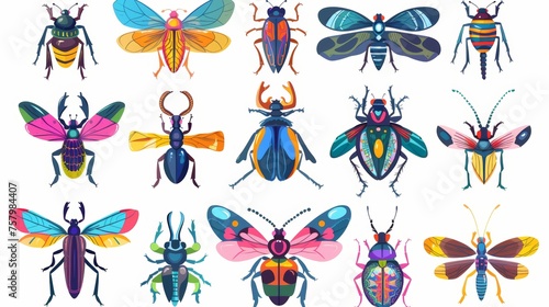 A set of colorful bugs with stag beetles, wasps, and fancy animals. Atop a white background, these illustrations have colorful wings, different colored patterns, and flat graphic modern © Mark