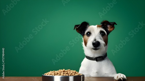 Cute Jack Russell Terrier with dry food in a bowl on a color background 