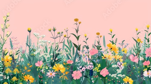 Botanical banner background with delicate flowers. Field plants, flowers of the summer, blossomed wildflowers, herbs of the meadow. Modern illustration. photo