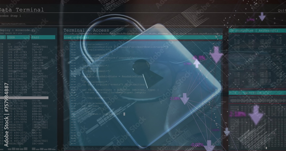 Fototapeta premium Image of online security padlock and data processing