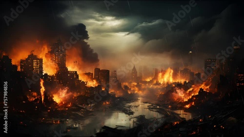 City Burns After Missile Explodes During War. Doomsday Disaster. Seamless Looping 4k Video Animation Background photo