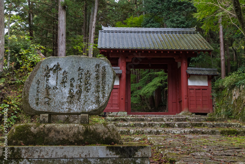 日本 滋賀県東近江市にある湖東三山の一つ、百済寺の総門と表参道