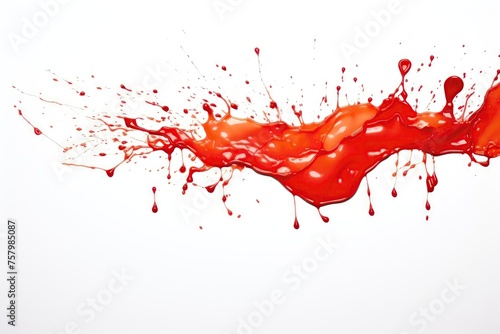 Close up wet stain of red ketchup tomato sauce isolated on white background, directly above