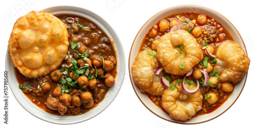Set of Chole bhature is a North Indian food dish. A combination of chana masala and bhatura or pani puri. Isolated top view on transparent background, cutout png photo
