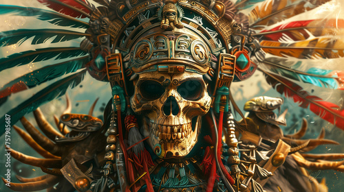 colorful aztec skull , ancient mexico outfit