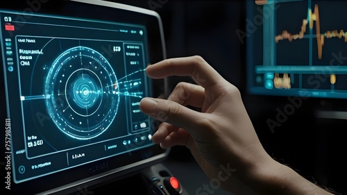 Touchscreen Interface Displaying Real-time Data Analysis, Illustrating Futuristic Technology and Digital Information Processing. Conceptual Design for Technology Concepts