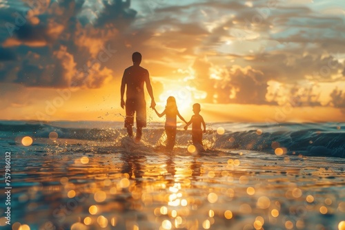 Family bonding moment with parents and children playing in ocean waves during golden hour