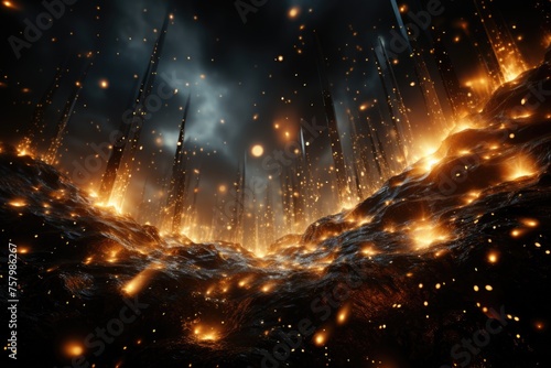Texture, 3D embers shining, particles of incandescence fire in black background photo