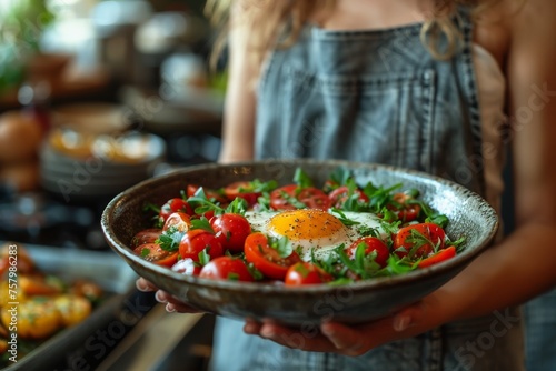 A woman showcases a pan with egg, tomatoes, and arugula; a healthy, homemade breakfast concept