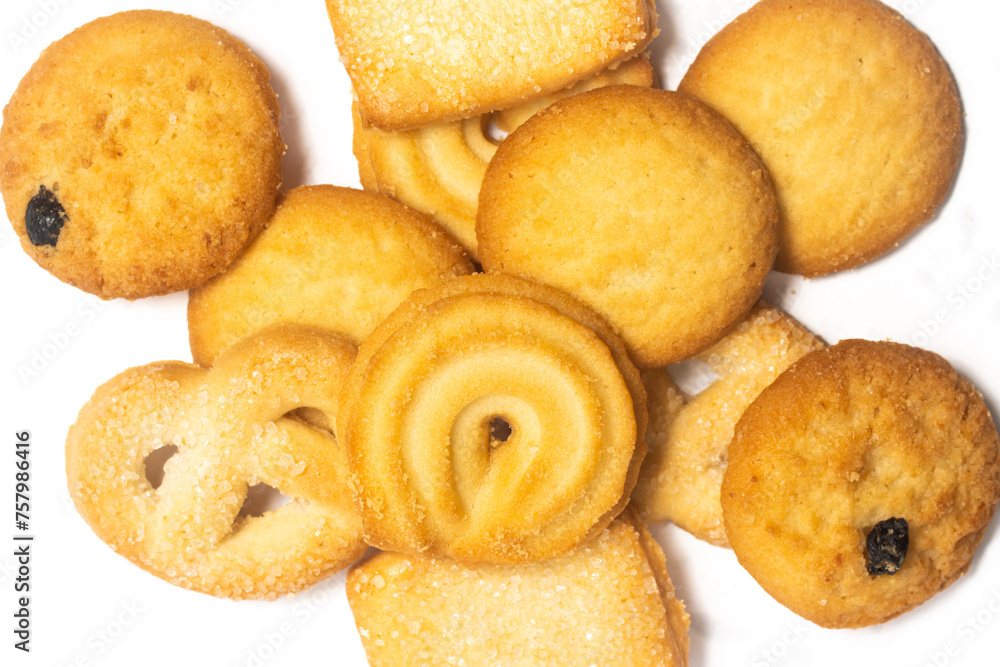 Close-up group of assorted of danish butter cookies isolated on white background clipping path