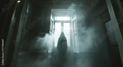 Ghostly figure seen through the misty windows of a rundown Victorian home