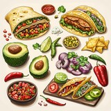 A Drawing of a Variety of Mexican Food