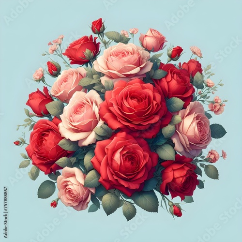 Beautiful pink and red roses with green leaf on a pastel blue background
