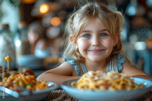 Cute girl with stunning blue eyes smiling at the camera with a plate of tempting pasta in front of her