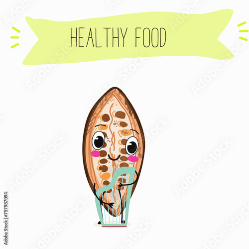 Cute  cartoon Cocoa Beans,  chocolate characters with different activities. Flat vector illustration, funny fruits, funny beans. Cartoon style smiling mascot for kids menu decoration.