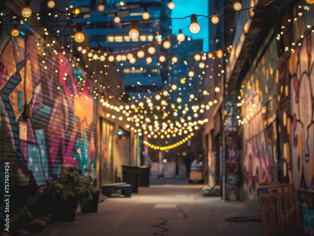 Immerse yourself in the jubilant scene portrayed on the urban canvas, with chalk festoons swaying under graffiti lights, infusing the street art with a celebratory energy.