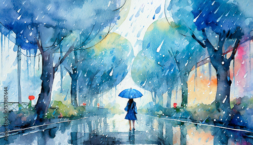 雨の街角,梅雨,雨季,rainy season, blue rain,Generative AI AI画像