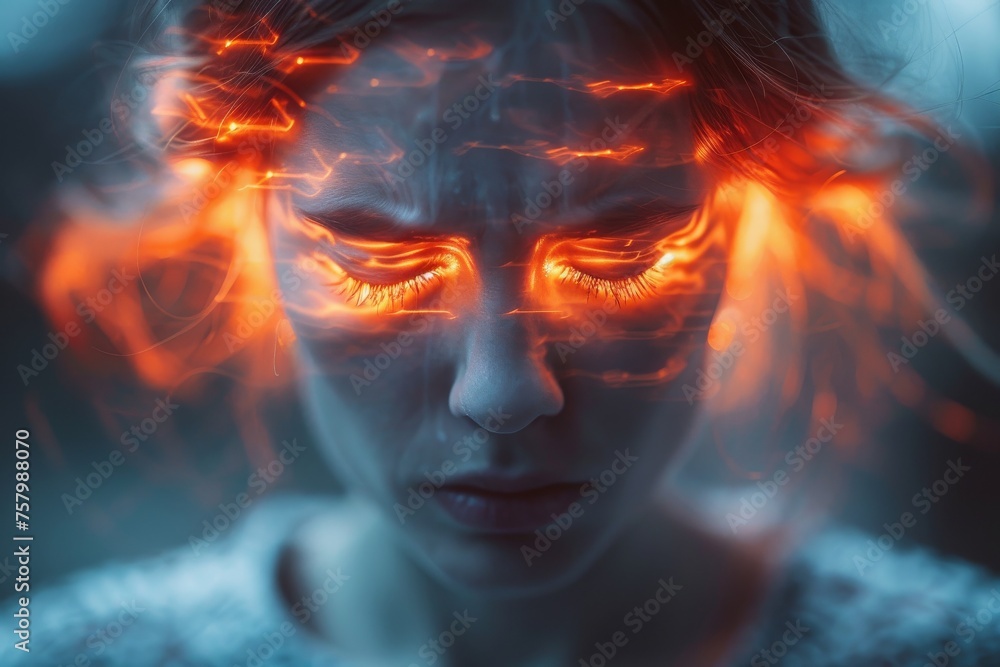 An abstract depiction of a human figure with fiery elements suggesting energy and movement An abstract depiction of a human figure with fiery elements suggesting energy and movement