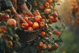 Ripe red apples hang from a tree branch, while a basket below collects more fruit, surrounded by nature's bounty