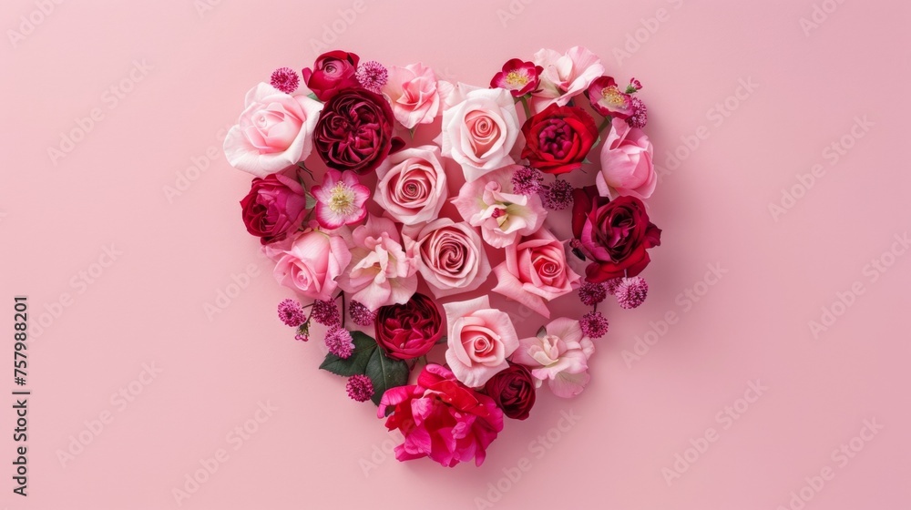 Heart shape made of rose flowers for wedding and birthday celebration pink background Heart shape made of rose flowers for wedding and birthday celebration pink background
