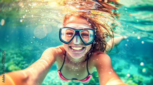 young smiling woman with diving goggles taking a selfie while snorkeling