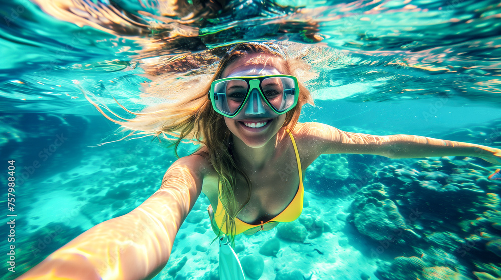 Fototapeta premium young smiling woman with diving goggles taking a selfie while snorkeling
