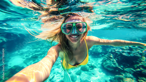 young smiling woman with diving goggles taking a selfie while snorkeling