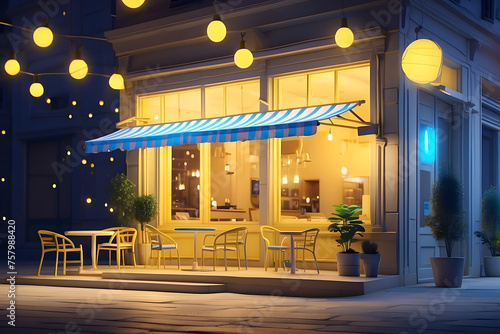 3d illustration night scene of the cafe with a striped awning, blue shutters and a door on a smartphone screen with a stars design. © Mahmud