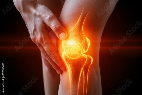 The image shows hands wrapped around a knee with a glowing red illustration of pain points
