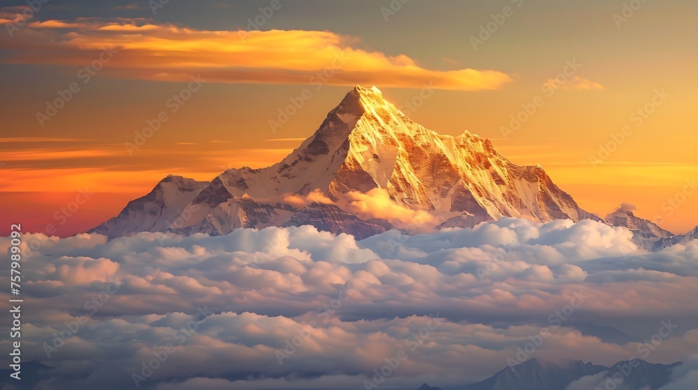 A majestic mountain peak piercing the clouds, bathed in the warm hues of a sunrise.