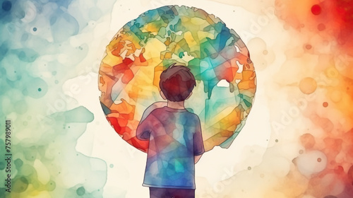 World autism awareness day card or banner, autistic kid with colorful world globe art 