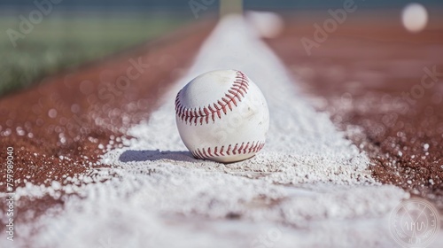 Baseball on infield chalk line in close-up