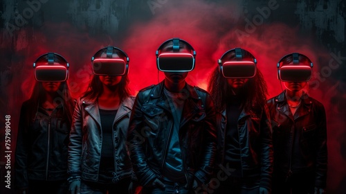 Mysterious Group in VR Headsets with Red Illumination