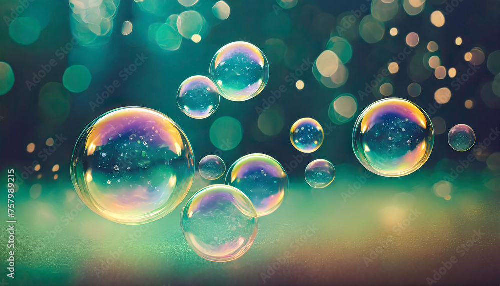Close-up of soap bubbles floating in the air. Blurred background.