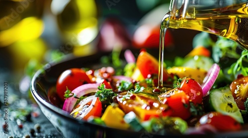 Vegetable salad dressed with vegetable oil. Food and cooking background