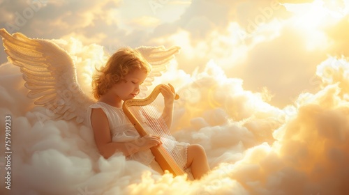 Fototapeta Naklejka Na Ścianę i Meble -  Cute baby girl angel with wings playing harp in cloud in sky