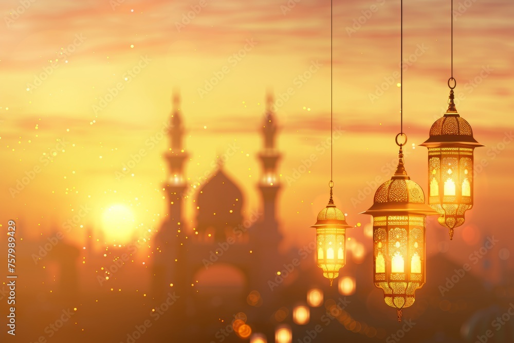 Elegant Ramadan Kareem banner with golden lanterns and mosque silhouette on a pastel background. Background for an Islamic holiday card, Iftar party invitation Elegant Ramadan Kareem banner with golden lanterns and mosque silhouette on a pastel background. Background for an Islamic holiday card, Iftar party invitation