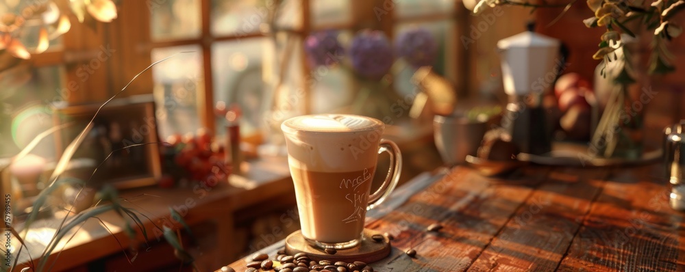 A cozy scene of a coffee latte served in a cafe setting A cozy scene of a coffee latte served in a cafe setting
